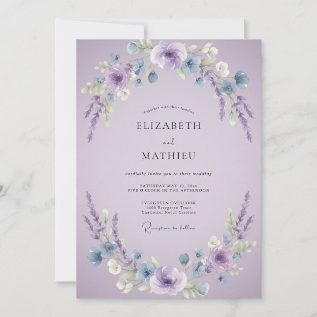 Invitación Boda de Corona Floral de Lavanda (Anverso)