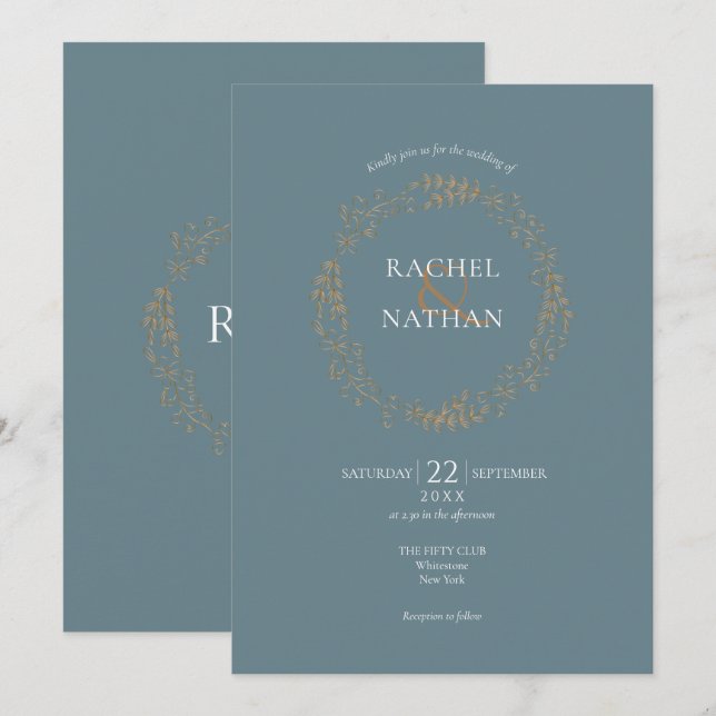 Invitación Boda de Corona Floral Dorada de Laurel (Anverso / Reverso)