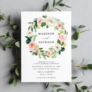 Invitación Boda de corona floral elegante de color rosa y bla