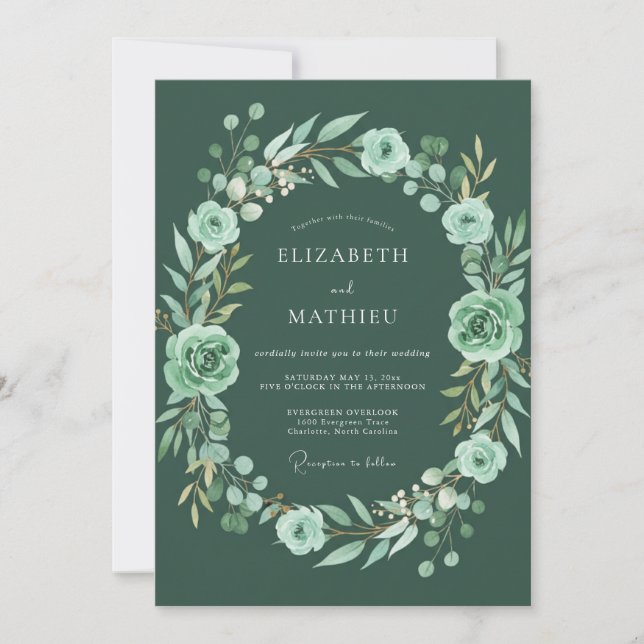 Invitación Boda de Corona Floral Esmeralda (Anverso)