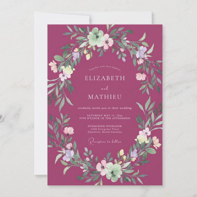 Invitación Boda de Corona Floral Plum Painterly (Anverso)