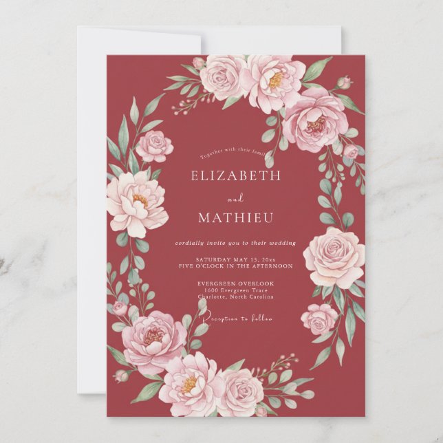 Invitación Boda de Corona Floral Rojo Intenso (Anverso)