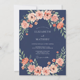 Invitación Boda de Corona Floral Rosa Claro y Azul Marino