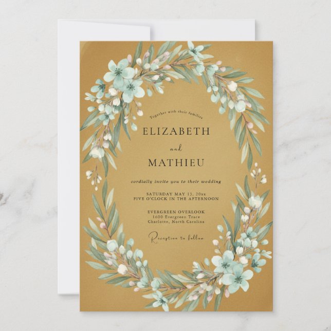 Invitación Boda de Corona Floral Rústica Dorada (Anverso)
