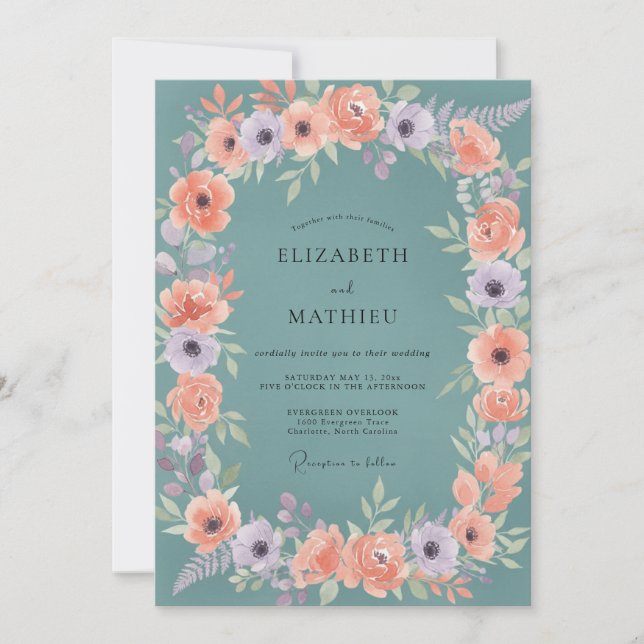 Invitación Boda de Corona Floral Suave Turquesa (Anverso)