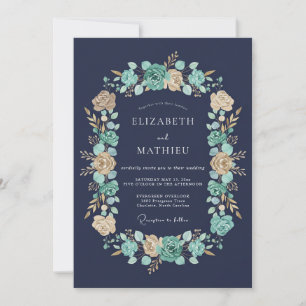 Invitación Boda de Corona Floral Verde Azul Marino