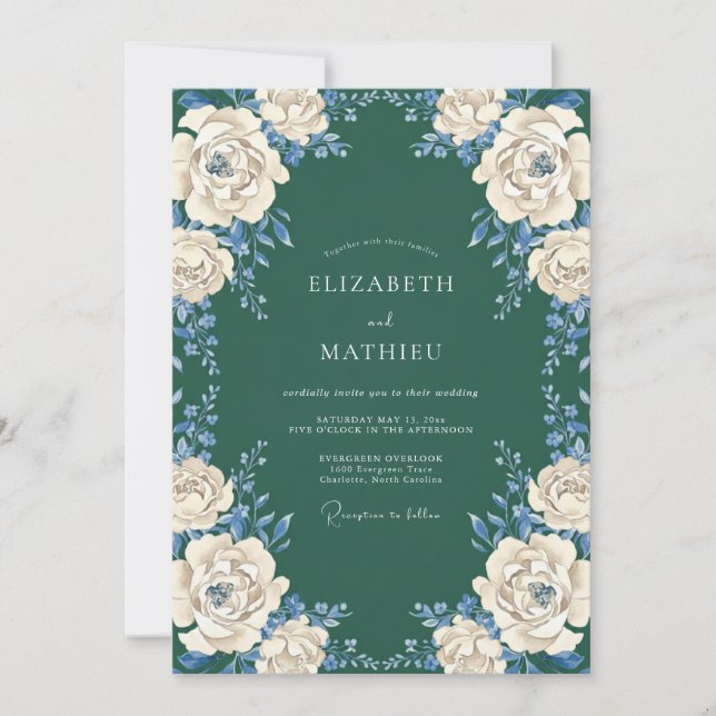 Invitación Boda de Corona Floral Verde Profundo (Anverso)