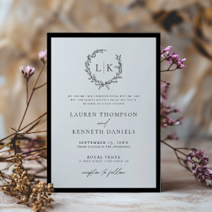 Invitación Boda de corona monograma tradicional en blanco y n