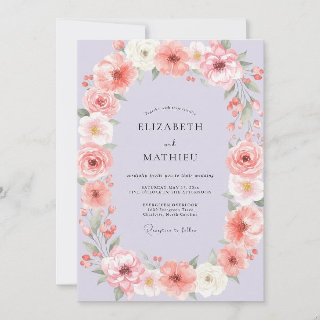 Invitación Boda de Corona Oval Floral Malva (Anverso)
