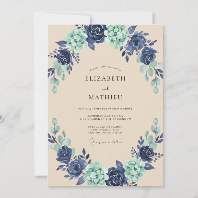 Invitación Boda de Corona Pintada Indigo Aqua (Anverso)