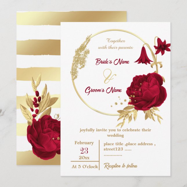 Invitación boda de coronas burdeos y doradas (Anverso / Reverso)
