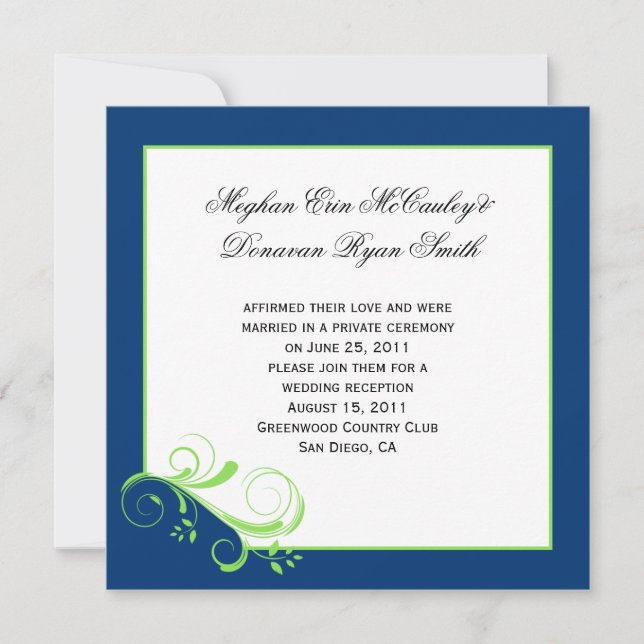 Invitación Boda de correos de la Marina Blue Lime Green Swirl (Anverso)
