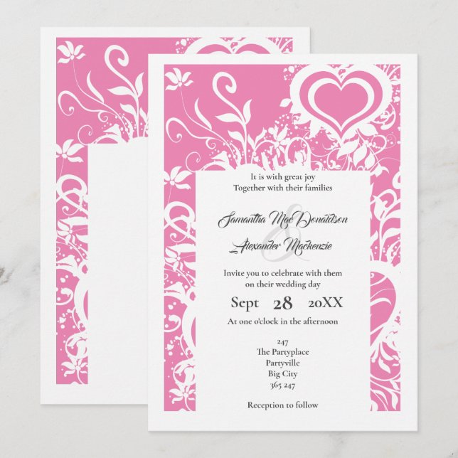 Invitación Boda de corte de papel floral rosa y blanco (Anverso / Reverso)
