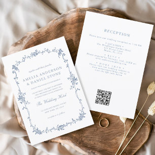 Invitación Boda de cosecha azul de código QR francés victoria