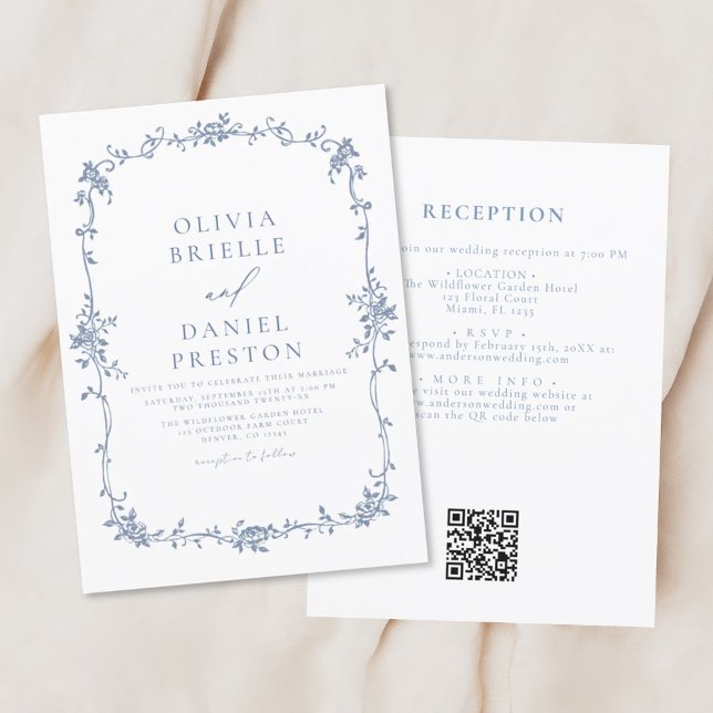 Invitación Boda de cosecha azul de código QR francés victoria (Subido por el creador)