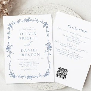 Invitación Boda de cosecha azul de código QR francés victoria