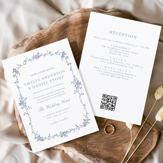 Invitación Boda de cosecha azul de código QR francés victoria (Subido por el creador)