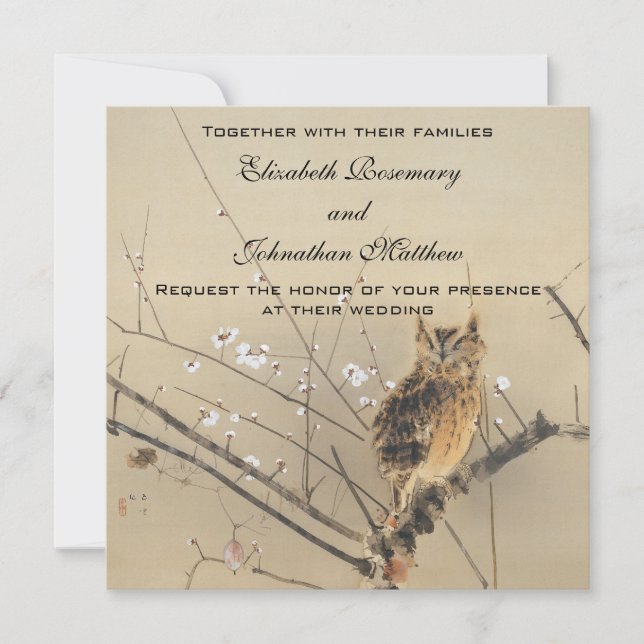 Invitación Boda de cosecha, búho japonés y ciruela (Anverso)