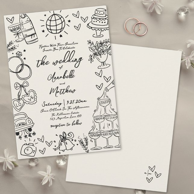 Invitación Boda de cosecha caprichosa (Hand Drawn Whimsical Vintage Wedding Invitation)