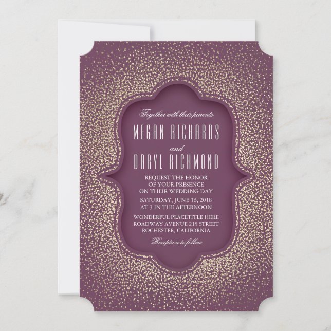 Invitación Boda de cosecha de ciruelas y Purpurinas de oro (Anverso)