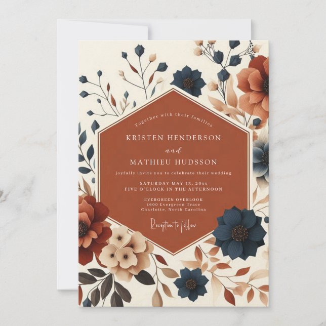 Invitación Boda de cosecha de otoño floral rojizo (Anverso)