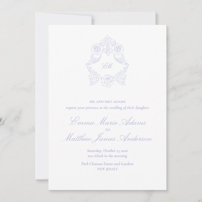 Invitación Boda de cosecha de perwinkle Lilac Monograma Vinta (Anverso)