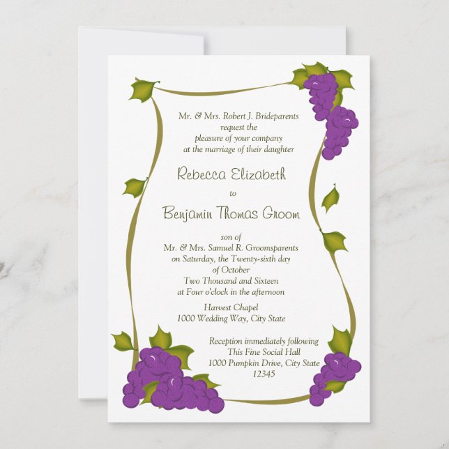 Invitación Boda de cosecha de vid de uva (Anverso)