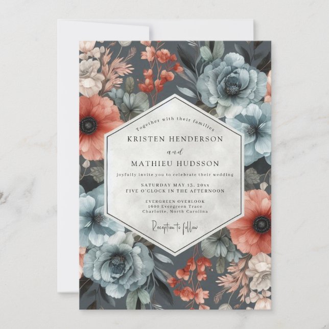 Invitación Boda de cosecha floral azul pizarra (Anverso)