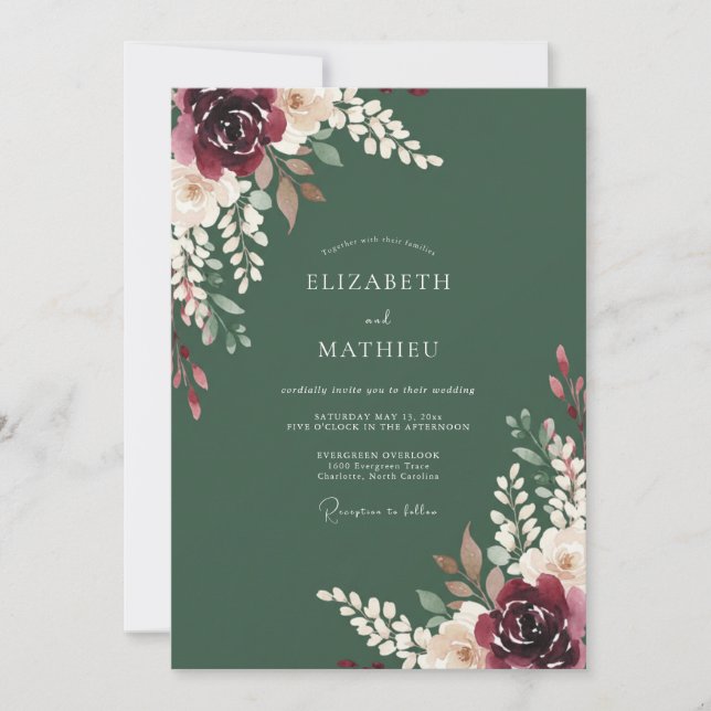 Invitación Boda de cosecha floral de Borgoña (Anverso)