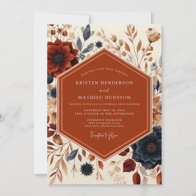 Invitación Boda de cosecha floral de óxido (Anverso)
