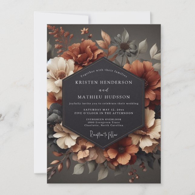 Invitación Boda de cosecha floral naranja oxidada (Anverso)