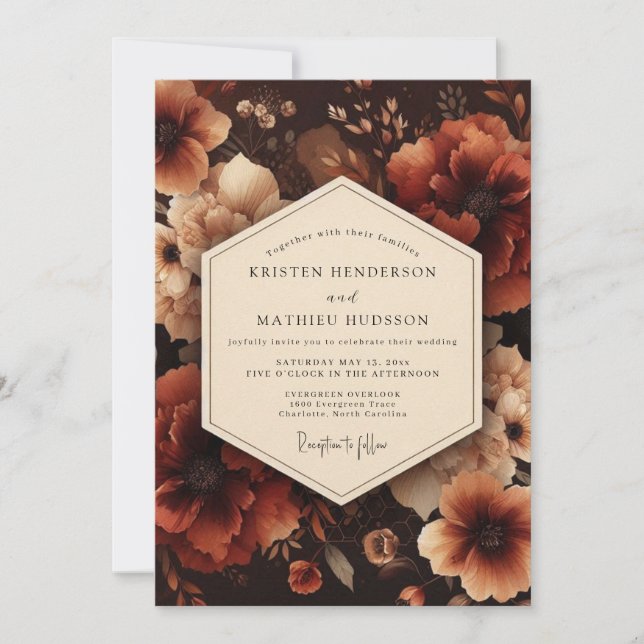 Invitación Boda de Cosecha Floral Rojo Profundo (Anverso)
