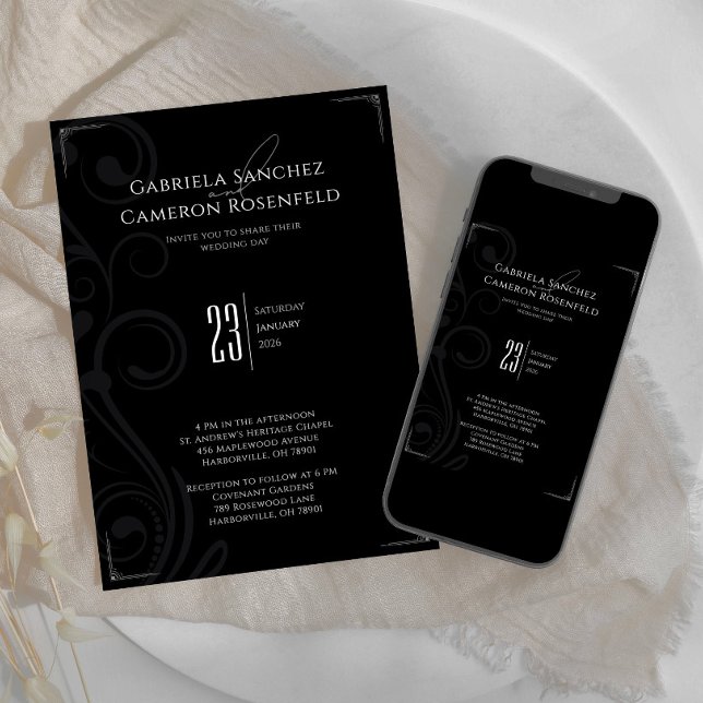 Invitación Boda de cosecha formal negra y blanca 2.0 (Subido por el creador)