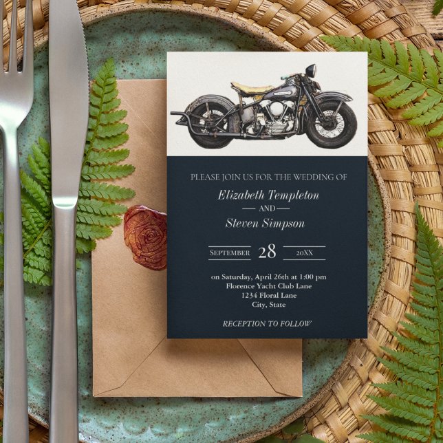 Invitación Boda de cosecha moderna de la marina de motociclet (Vintage Navy Motorcycle Wedding Invitation Suite.)