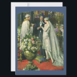 Invitación Boda de cosecha, novia y novio con Menorah<br><div class="desc">Imagen de la ceremonia del amor al ilustracion vintage y boda romántico que presenta a una pareja casada en una hermosa sinagoga con vidrieras,  flores y una menorah de siete ramas. La novia lleva un vestido largo y blanco boda y el novio es guapo en su esmoquin.</div>
