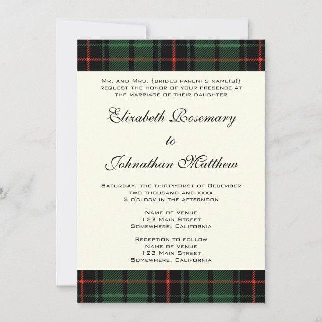 Invitación Boda de cosecha, patrón moderno de Tartán Davidson (Anverso)
