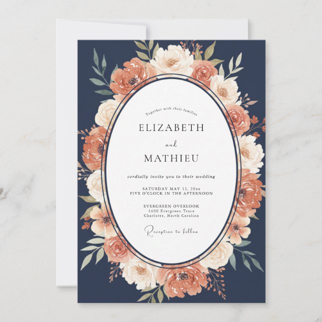 Invitación Boda de Cosecha Refinada Azul Marino (Anverso)