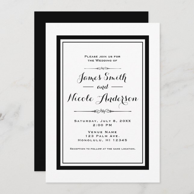Invitación Boda de Couture Elegante Chic Blanco y Negro (Anverso / Reverso)