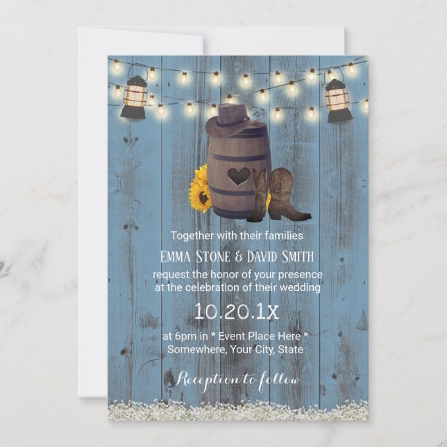 Invitación Boda de Cowboy Rústica Linterna de girasol azul tu (Anverso)