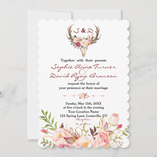 Invitación Boda de cráneo Boho Rubor Red Floral Antler Skull (Anverso)