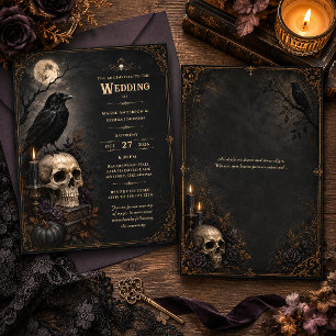 Invitación Boda de cráneo de cuervo gótico elegante  