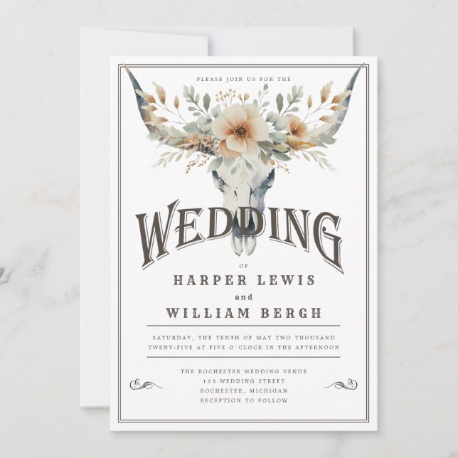 Invitación Boda de cráneo de longhorn acuarela (Anverso)