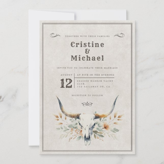 Invitación Boda de cráneo de longhorn de acuarela rusa (Anverso)