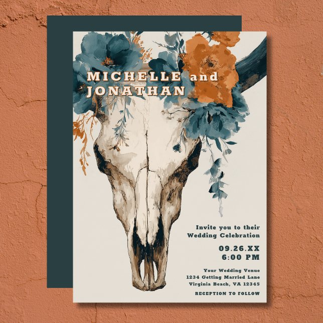 Invitación Boda de cráneo de toro bucal bucal de Boho occiden (Rustic Boho Western Floral Bull Cow Skull Wedding Invitation)