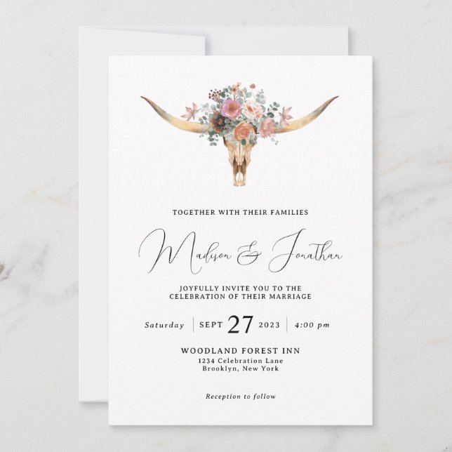 Invitación Boda de cráneo de toro floral estilo país bohemio (Anverso)
