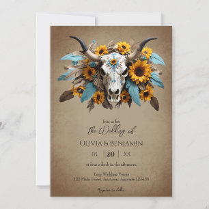 Invitación Boda de cráneo de vaca de plumas de girasol acuare