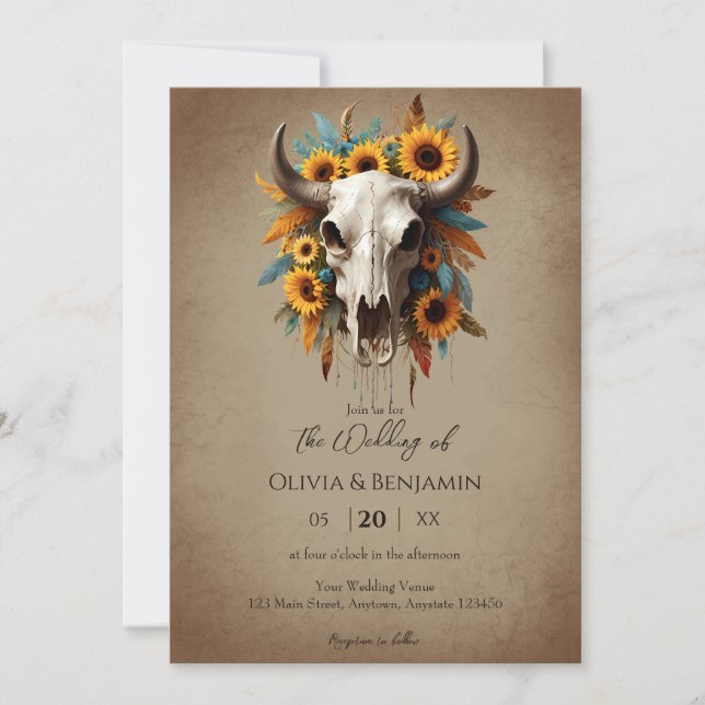Invitación Boda de cráneo de vaca de plumas de girasol acuare (Anverso)