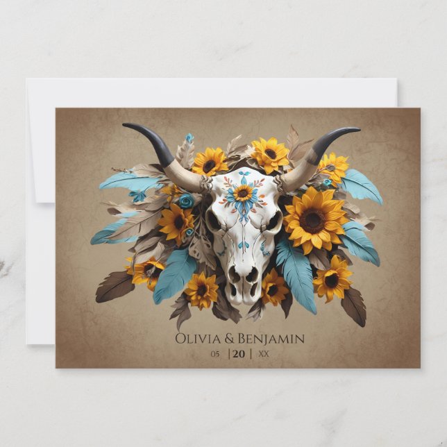 Invitación Boda de cráneo de vaca de plumas de girasol acuare (Anverso)