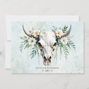 Invitación Boda de cráneo de vaca floral de acuarela bohemia