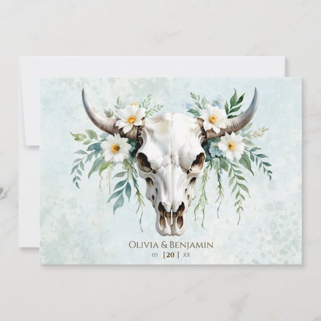 Invitación Boda de cráneo de vaca floral de acuarela bohemia (Anverso)